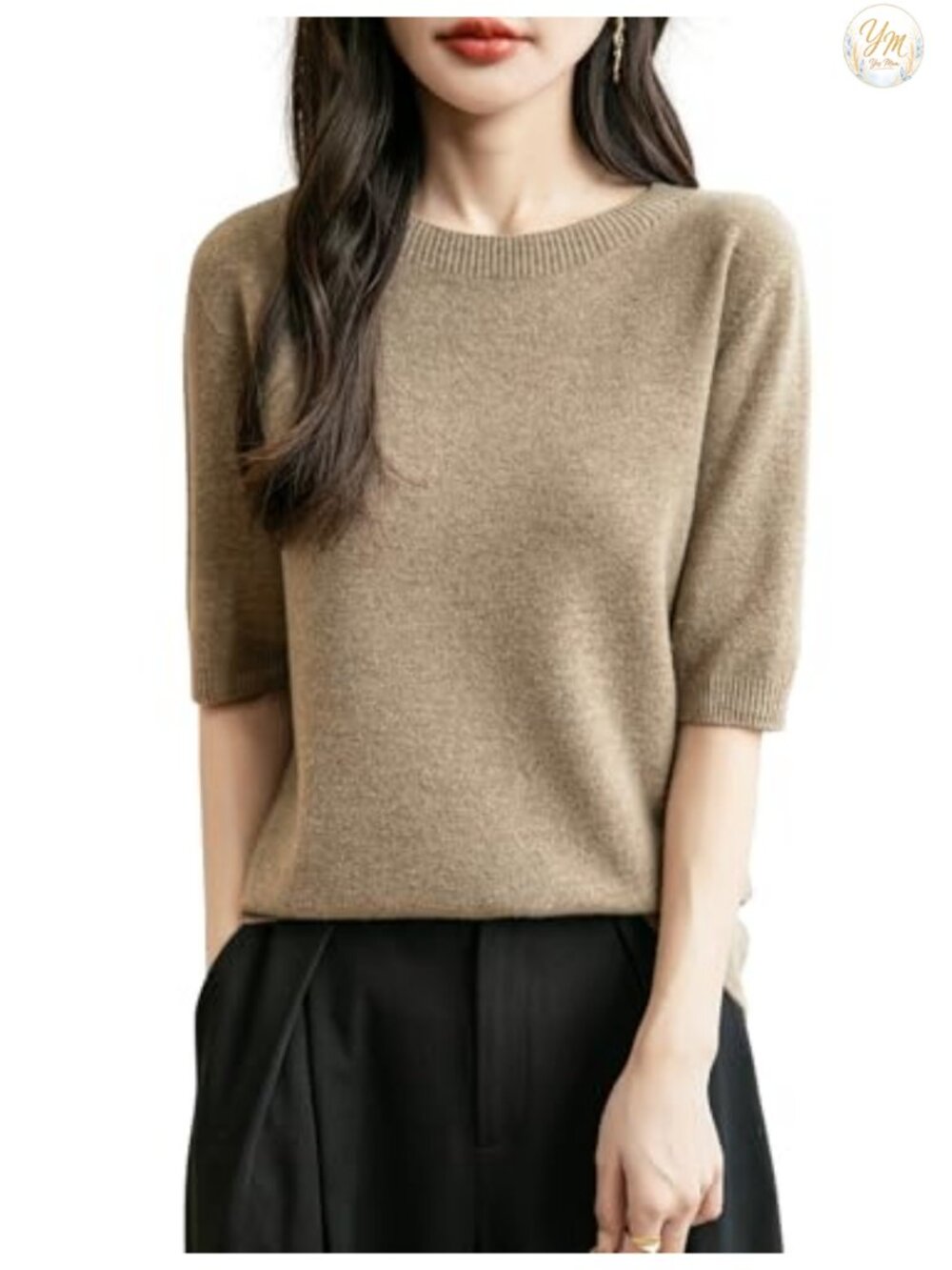 100% Merino Wool Seamless Knit Crewneck Short Sleeve Sweater